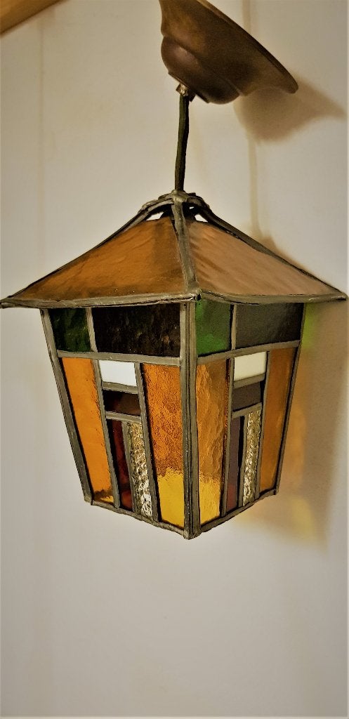 Vintage hanglamp - glas in lood – jaren 30/40, Huis en Inrichting, Ophalen, Gebruikt, Amsterdamse school stijl, E27 (groot)