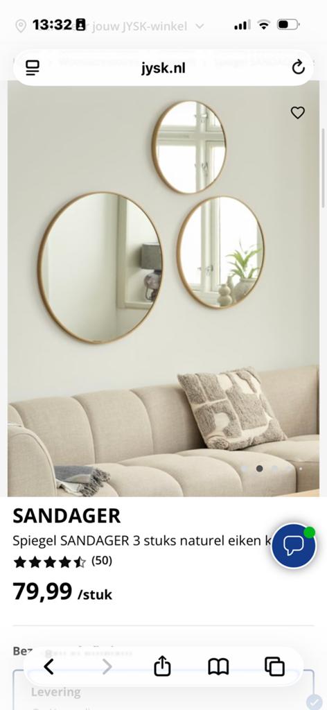 2 Nieuwe SANDAGER Spiegels Jysk- Eikenhout, Rond, Huis en Inrichting, Ophalen, Minder dan 50 cm, Rond, Nieuw