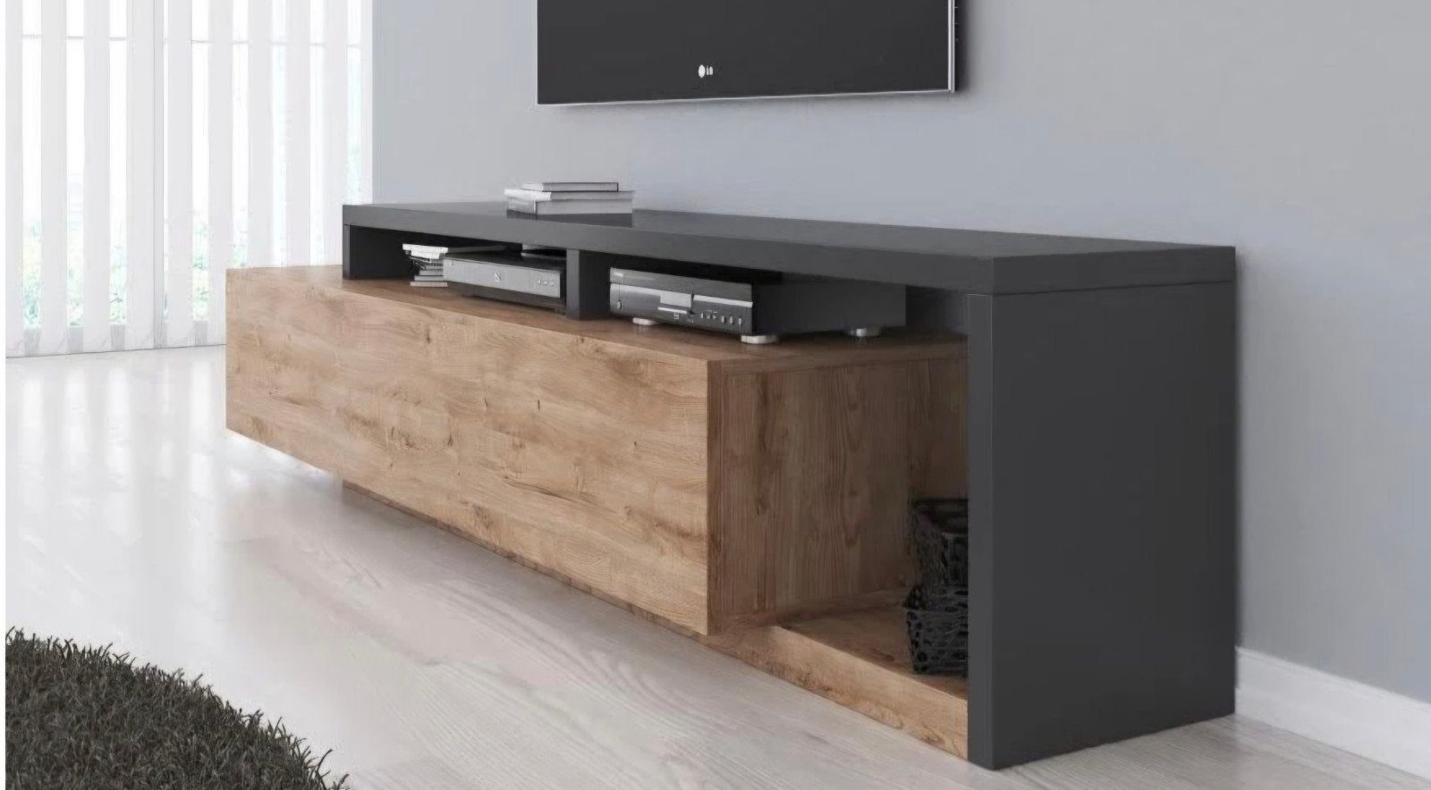 Modern TV-meubel met lade, verstevigd, 218.8 cm breed, Ophalen, Gebruikt, 200 cm of meer, Minder dan 100 cm
