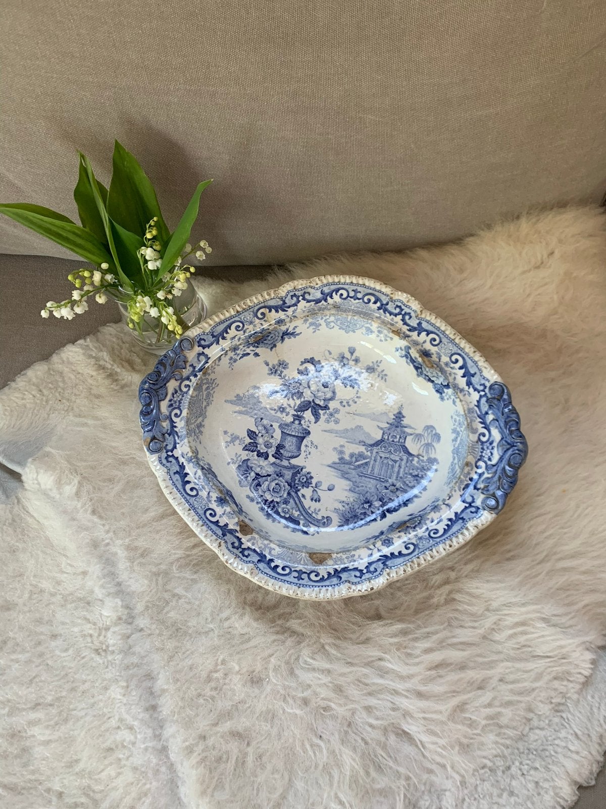 Jm&S Chinese Temple shabby Chice antieke blue white schaal, Ophalen