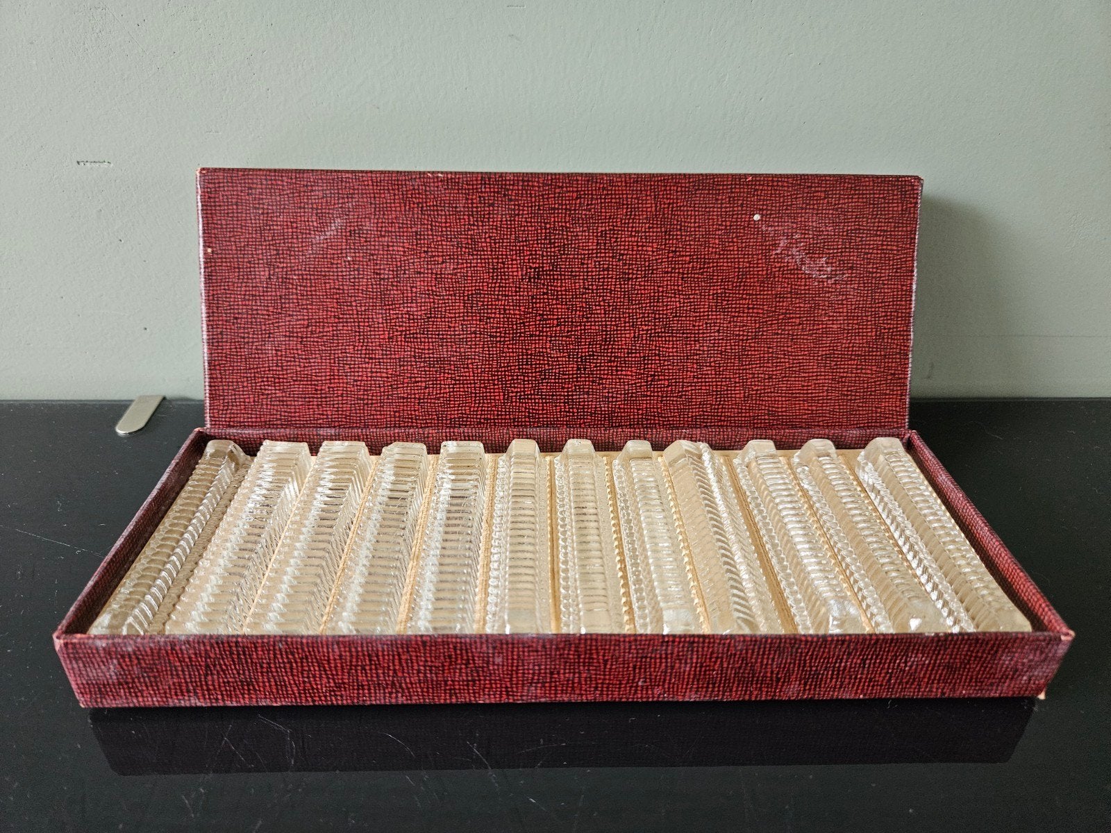 Set van 12 vintage glazen messenleggers in doos, Antiek en Kunst, Ophalen of Verzenden