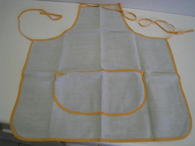 Vintage jaren 60 keukenschort, grijs met oranje afgboord., Ophalen, Gebruikt, Tafelkleed of Tafelzeil