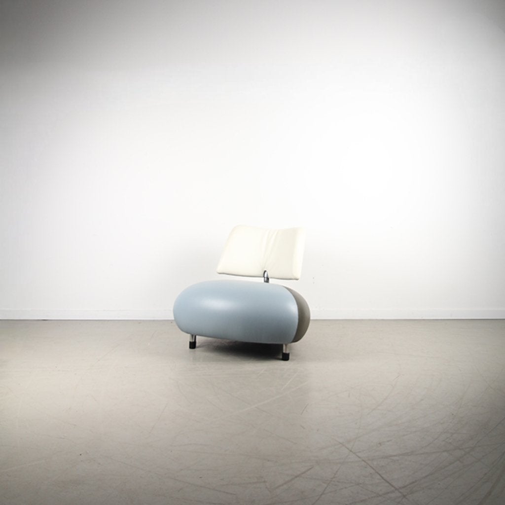 1x Leolux Pallone Fauteuil Blauw/Antraciet/Wit Leer – Chroom, Niet ingevuld, 100 tot 125 cm, Niet ingevuld, Leer