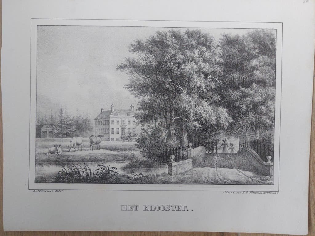 20 Het Klooster nu KNMI De Bilt Orginele steendruk uit 1829, Gesigneerd in de plaat, Ophalen of Verzenden, Landschappen, Lithografie