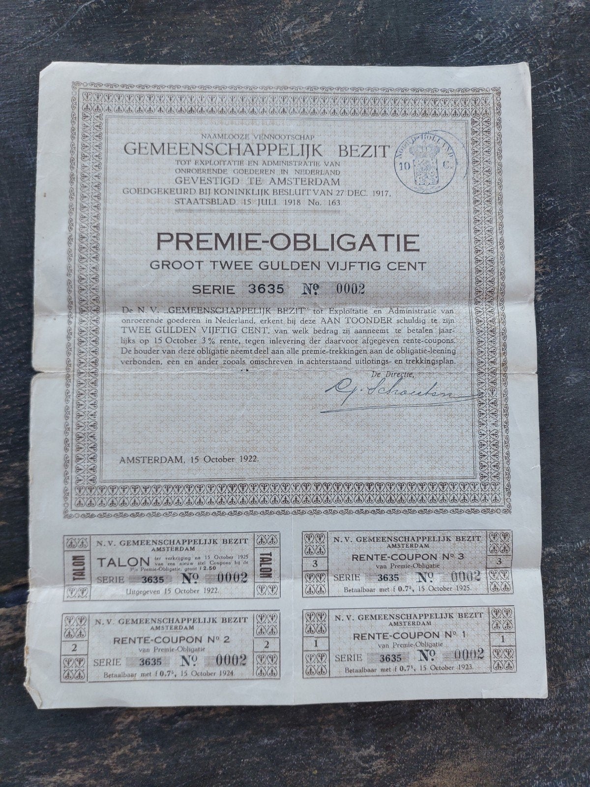 Premie-Obligatie Gemeenschappelijk Bezit 1922, Ophalen of Verzenden