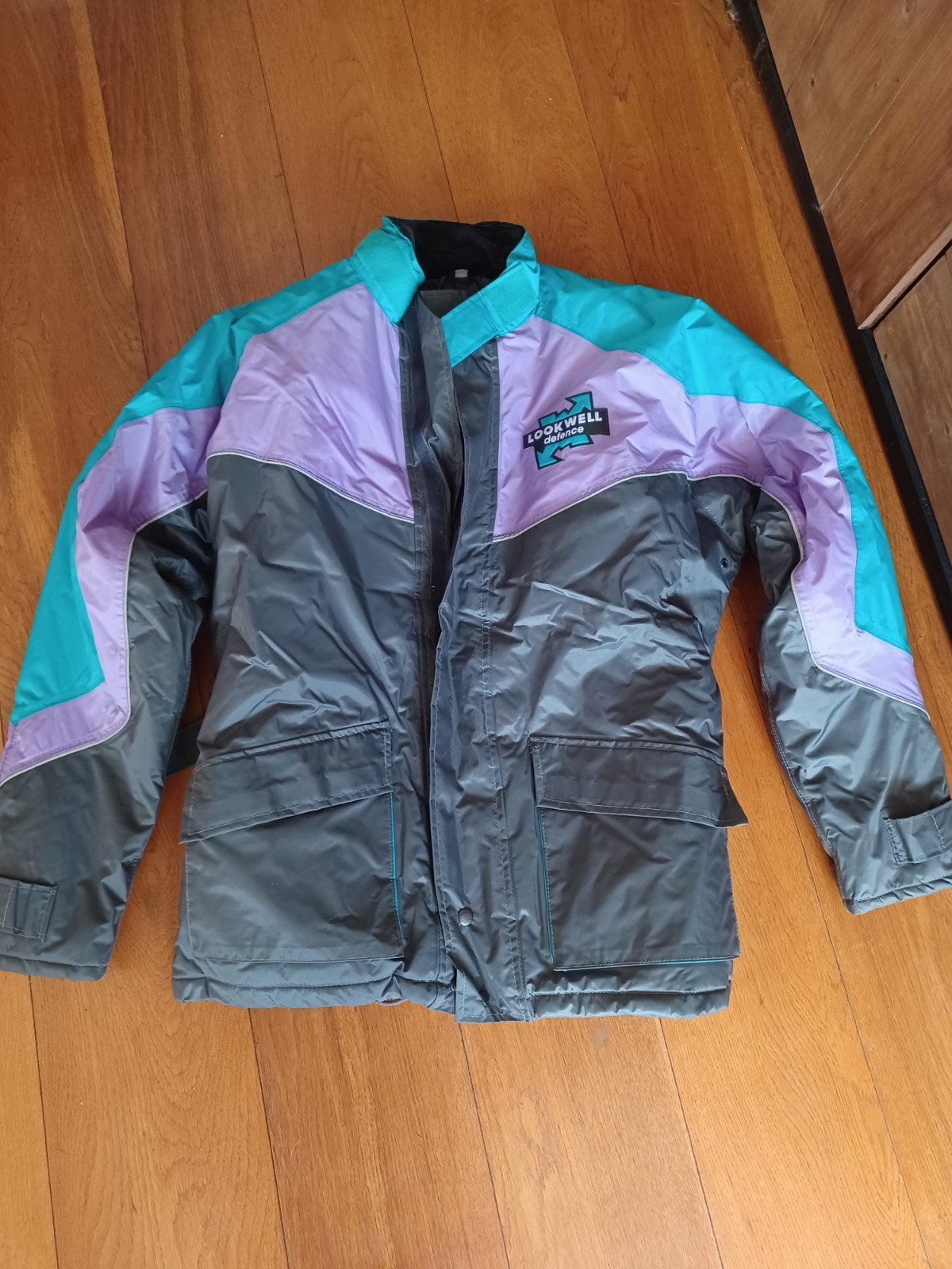 Vintage Lookwell Motorjas Maat L - Turquoise/Paars/Grijs, Kleding | Dames, Wintersportkleding, Gedragen, Jack, Maat 42/44 (L)