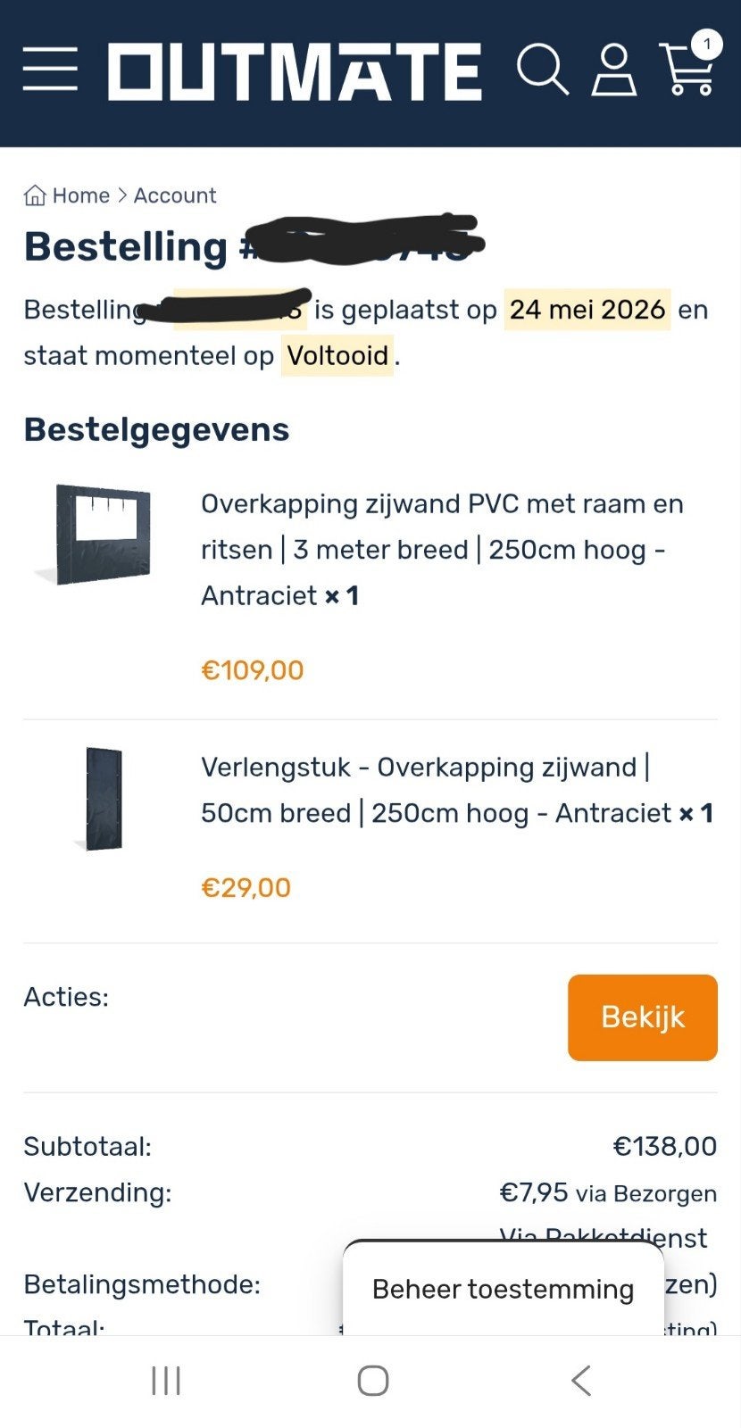 Overkapping zijwand PVC met raam en verlengstuk Antraciet, Ophalen of Verzenden