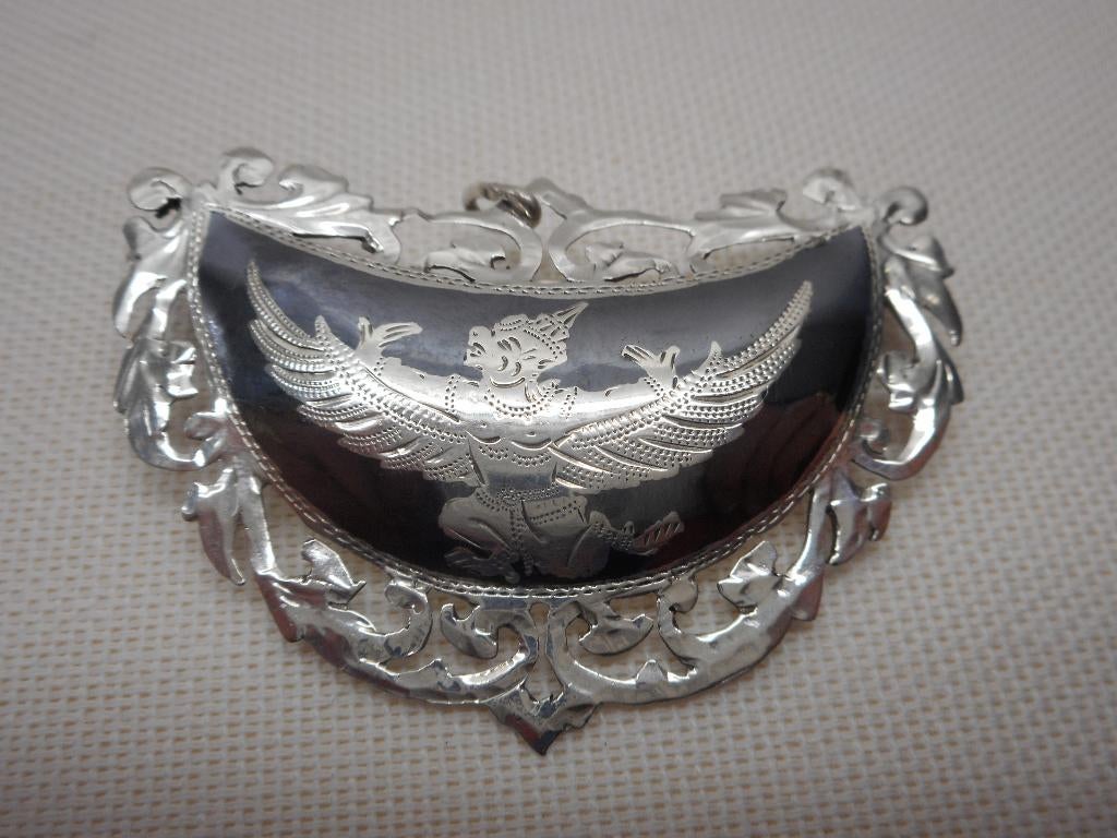 zilveren grote broche /hanger grijs Emaillen nr.056, 4 tot 7 cm, Verzenden, Zo goed als nieuw, Zilver