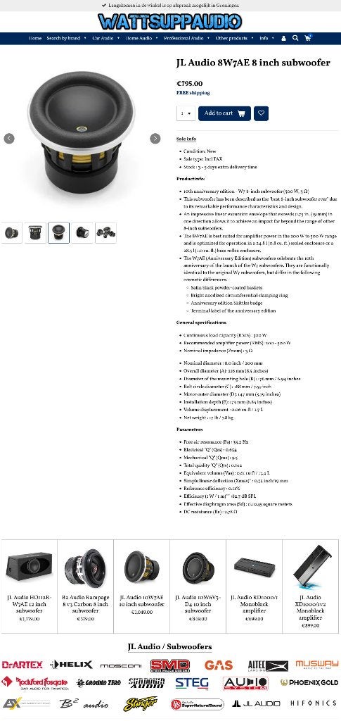 JL Audio 8W7AE 8 inch subwoofer, Auto diversen, Hifi-Focus, Aalsmeerderweg 173 1432 CL, Aalsmeer, Nieuw, Ophalen of Verzenden