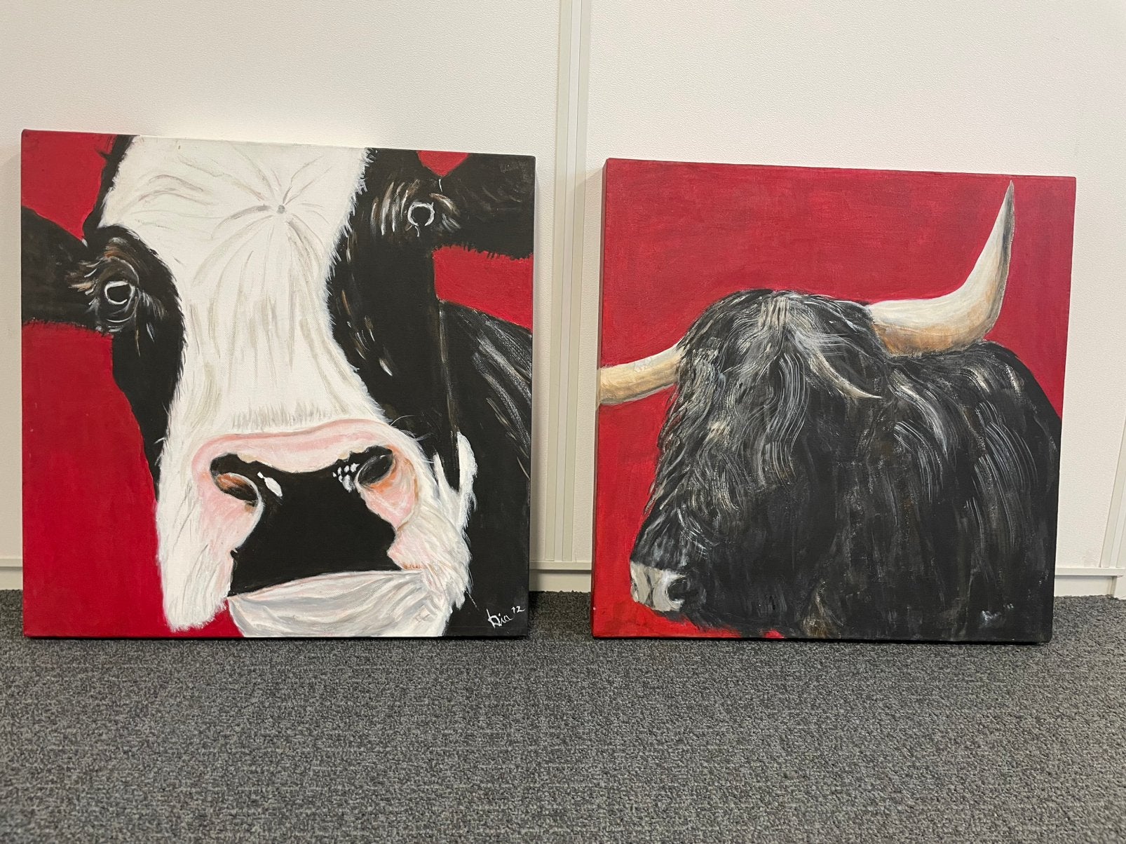 2 schilderijen een koe & een os / rund / stier Dia den Bosch, Ophalen of Verzenden, Dieren