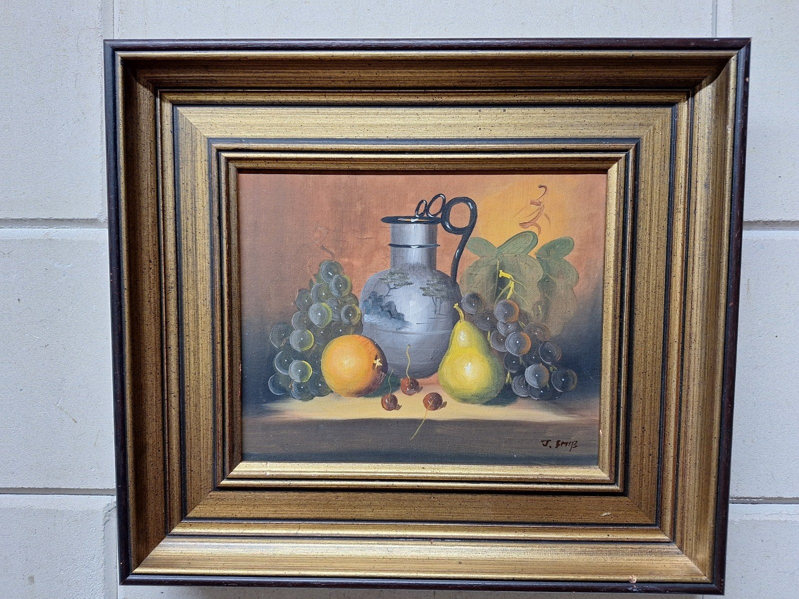 Stilleven met fruit en kan - Gesigneerd olieverfschilderij, Doek, Realistisch, Ophalen of Verzenden, Olieverf