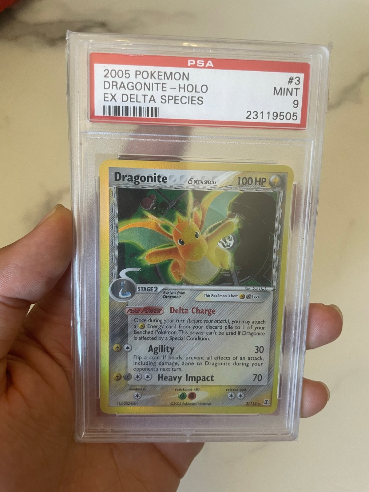 PSA 9 Dragonite #3 Holo EX Delta Species Pokémon Kaart, Ophalen of Verzenden, Zo goed als nieuw, Losse kaart, Foil