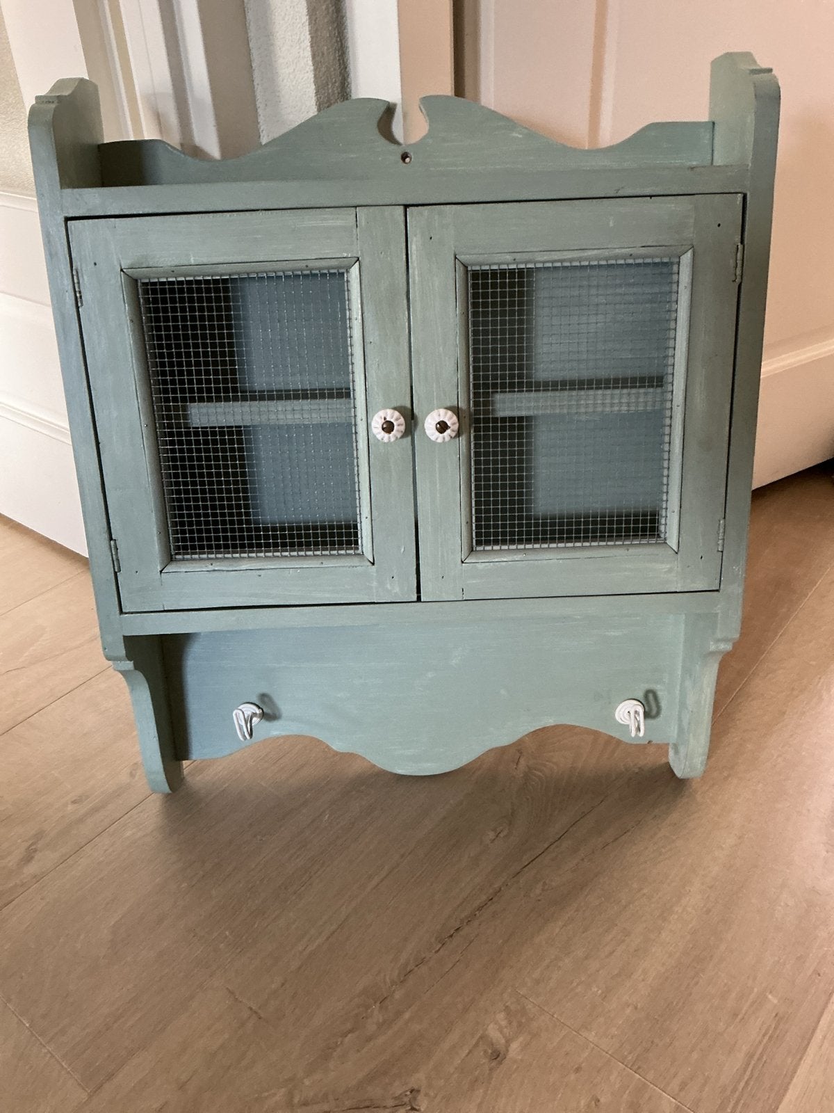 Vintage Groen Wandkastje met Gaasdeurtjes en Haakjes, Ophalen, Gebruikt, 50 tot 100 cm, Minder dan 25 cm