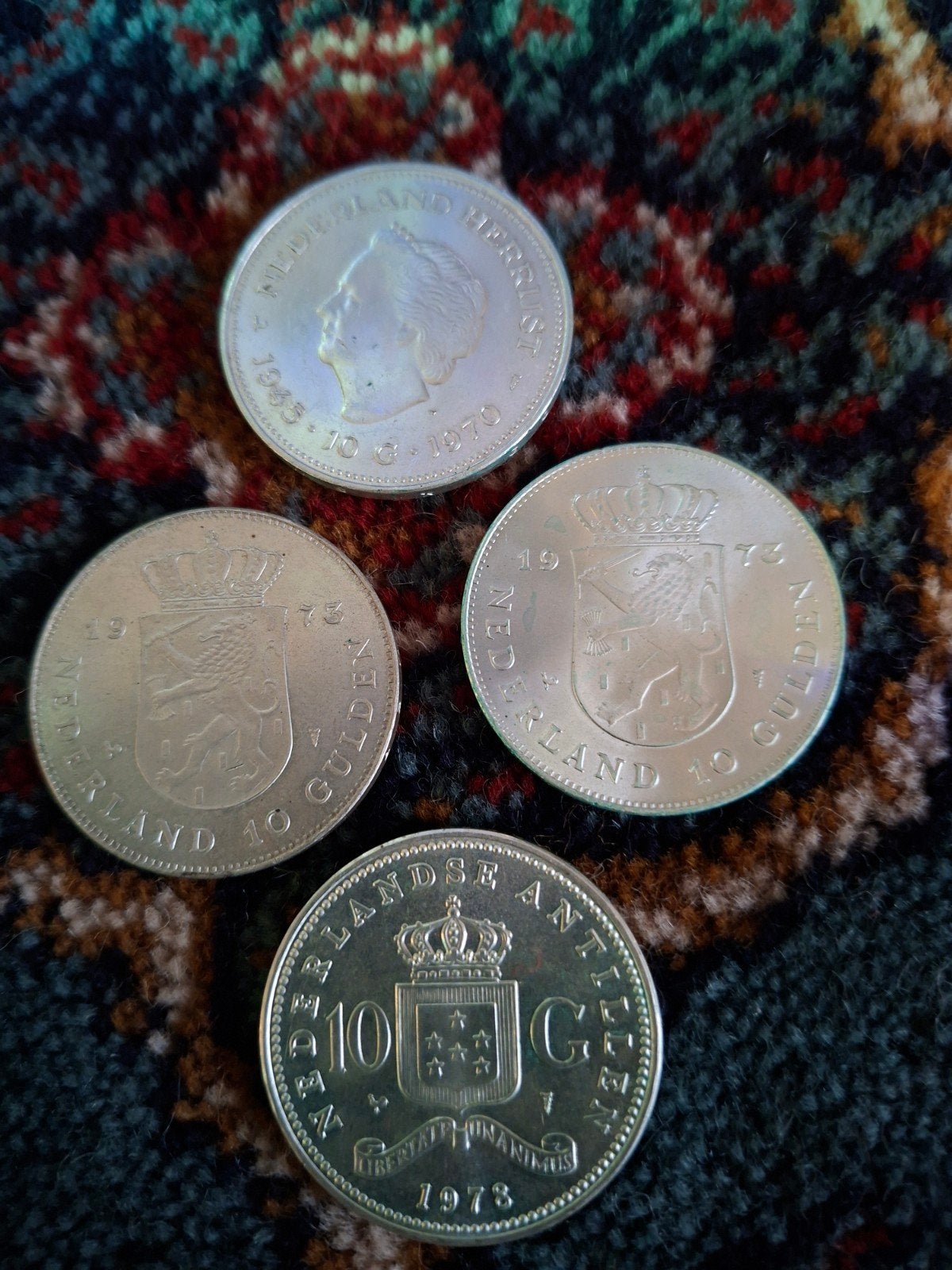 Collectie 10 Gulden Munten: 1945, 1970, 1973 (2x), 1978, Postzegels en Munten, Munten | Nederland, Ophalen of Verzenden, Koningin Juliana