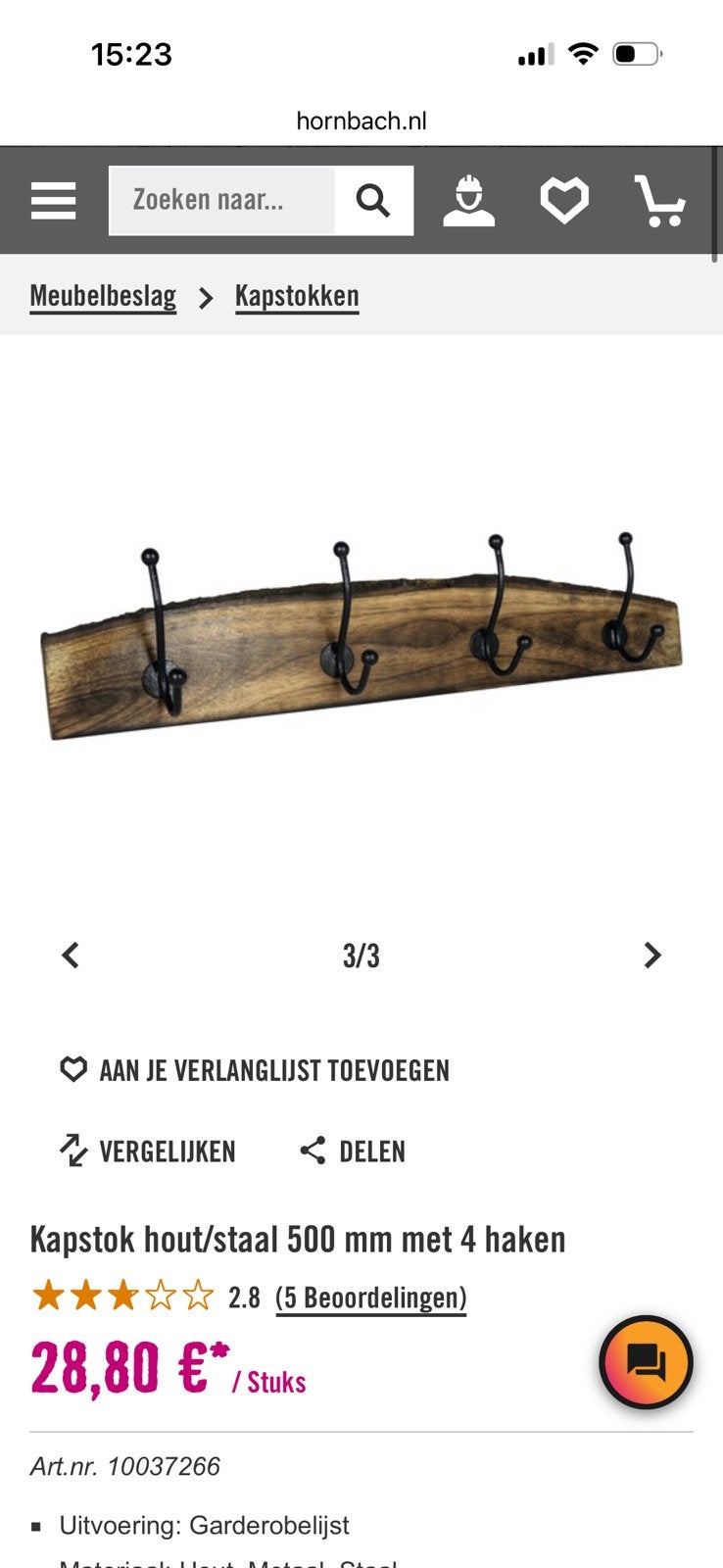 Kapstok nieuw, Wandkapstok, Nieuw, Ophalen of Verzenden, Minder dan 100 cm