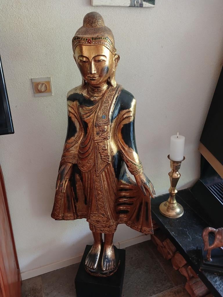 Boudha hout verguld mandala staande boeddha met bladgoud, Ophalen of Verzenden