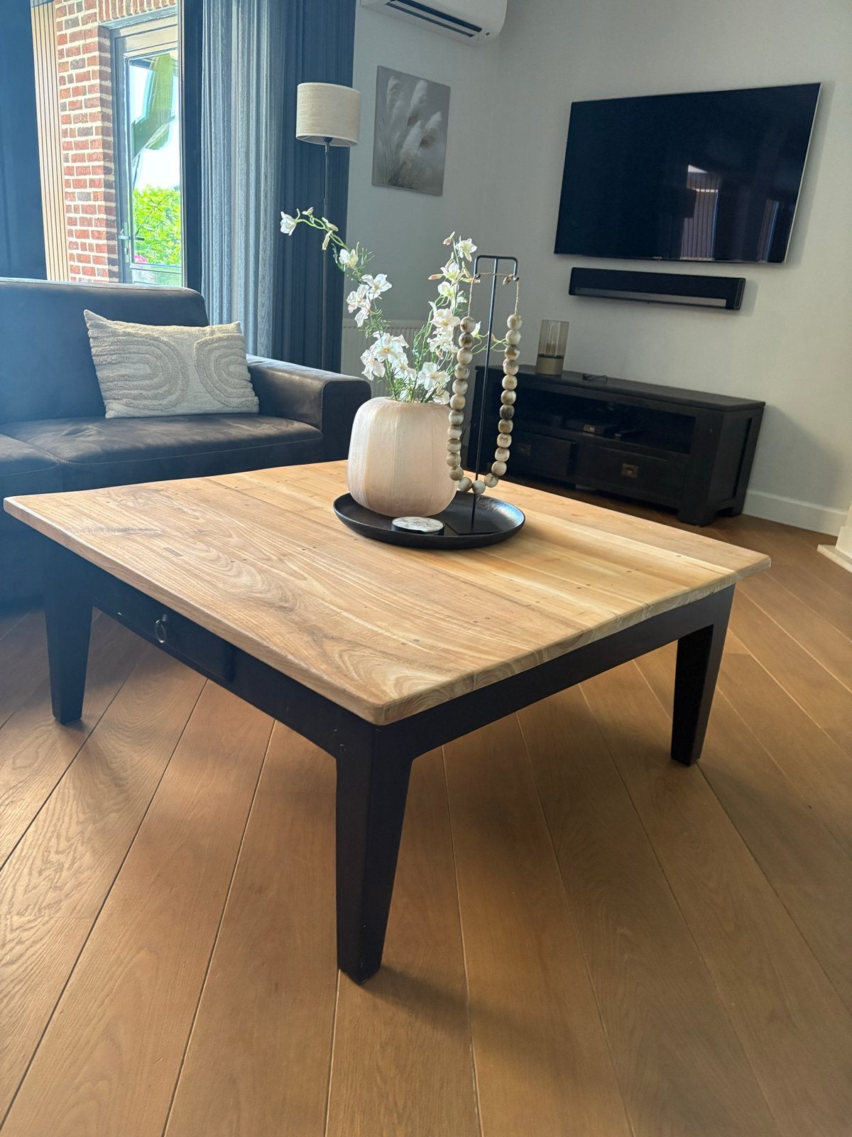 Teakhouten salontafel 110x110 met lade, Ophalen, Gebruikt, 50 tot 100 cm, 100 tot 150 cm
