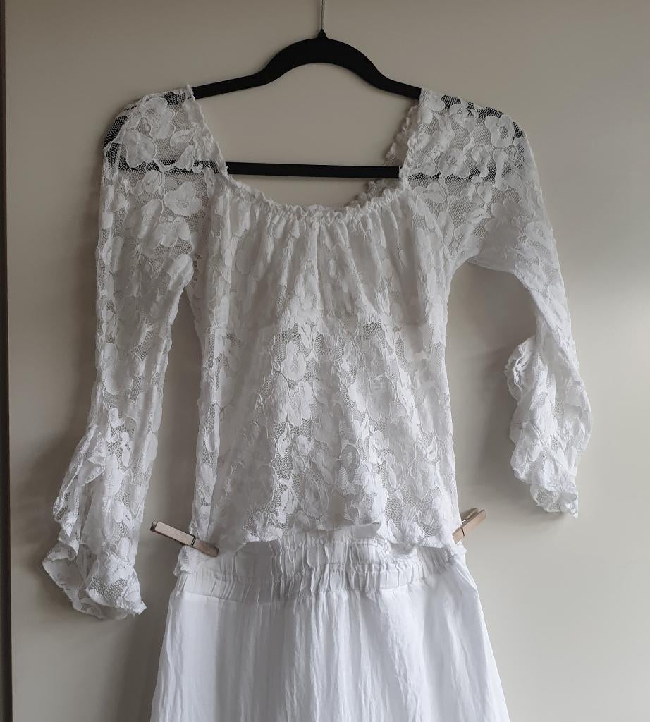 Gipsy Boho kanten top met evt. rok maat xs /36, Wit, Ophalen of Verzenden, Lange mouw, Maat 34 (XS) of kleiner