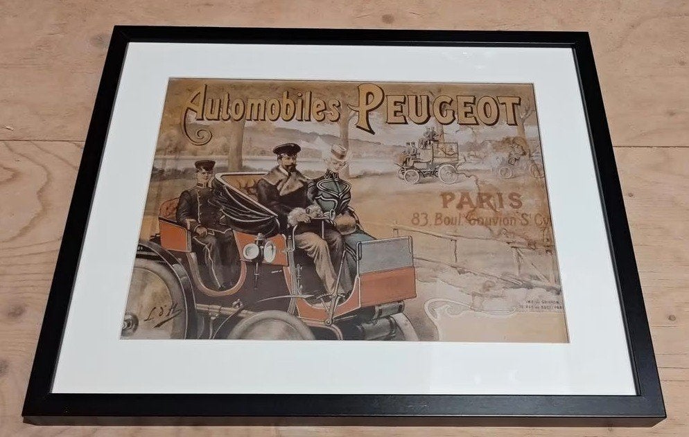 Ingelijst metalen bord vintage Peugeot, Ophalen, Zo goed als nieuw, Reclamebord