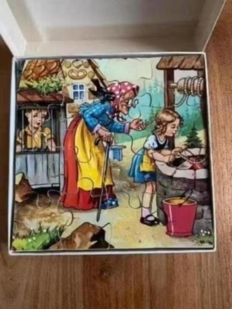 Houten puzzel: sprookje : Hans en Grietje ( vintage ), Ophalen of Verzenden, 10 tot 50 stukjes, Gebruikt