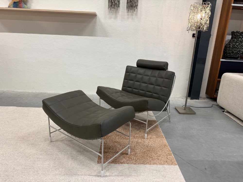 Nieuw Leolux Volare fauteuil met hocker groen leer stoel