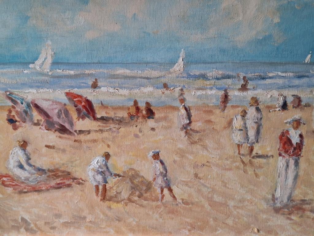 Schilderij: Strandtafereel met spelende kinderen, Ophalen of Verzenden