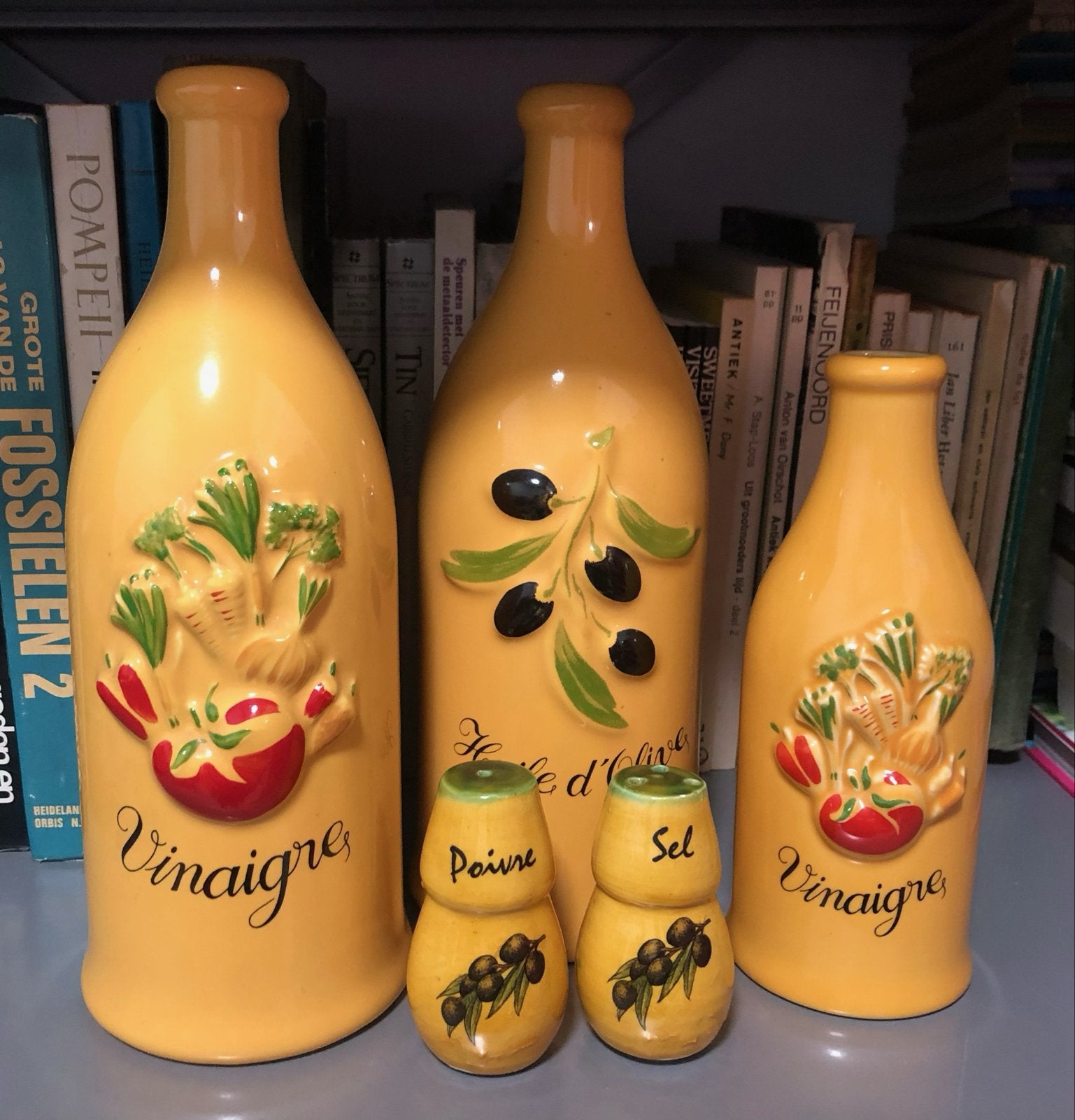 Vintage Olie & Azijn Flessen met Peper & Zout Stel, Ophalen, Zo goed als nieuw, Overige stijlen, Overige typen
