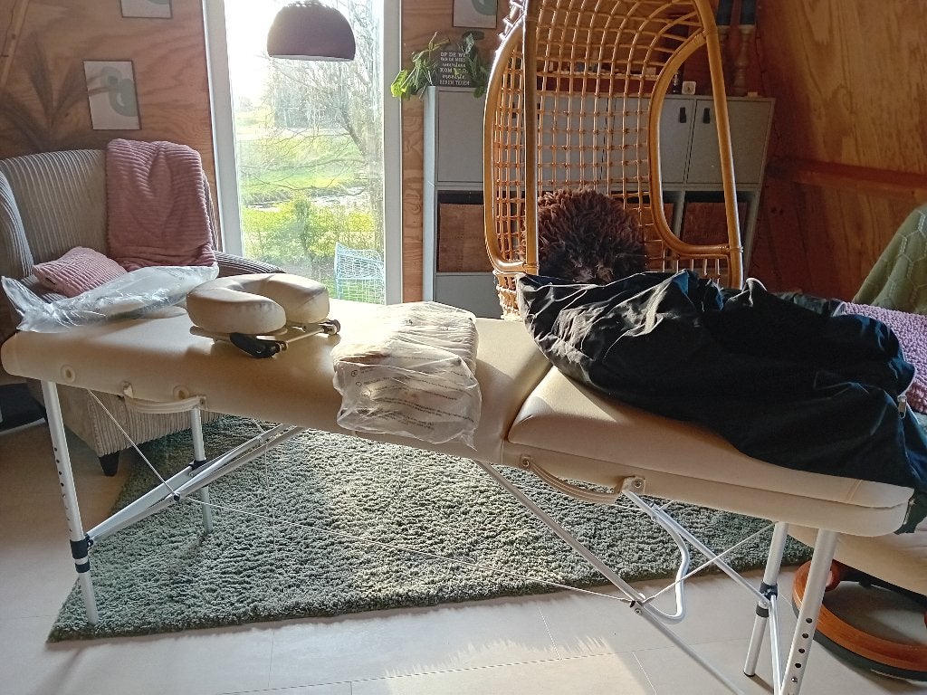Massagetafel, met allerlei toebehoren en hoes, Sport en Fitness, Massageproducten, Ophalen, Zo goed als nieuw, Massagetafel