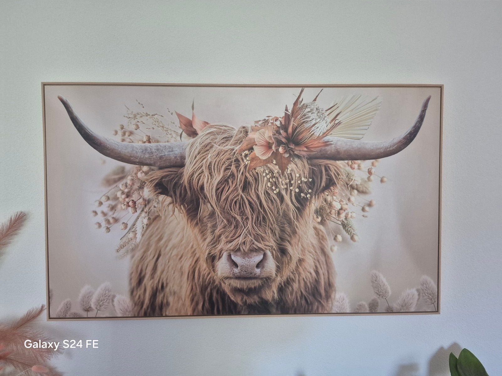 Schilderij Schotse Hooglander met bloemen, 117x70 cm, Ophalen, Zo goed als nieuw
