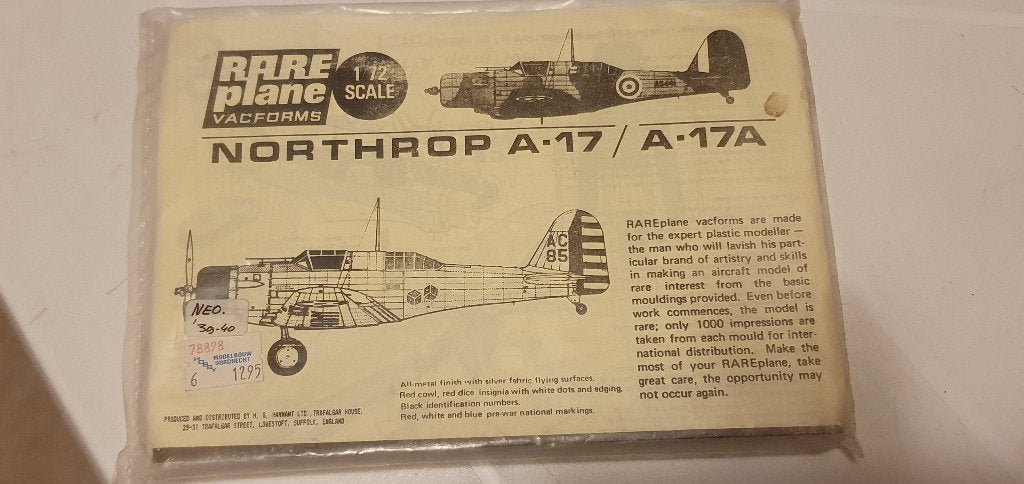 Rareplane vacforms Northrop A-17 1: 72, Overige merken, 1:72 tot 1:144, Nieuw, Ophalen of Verzenden