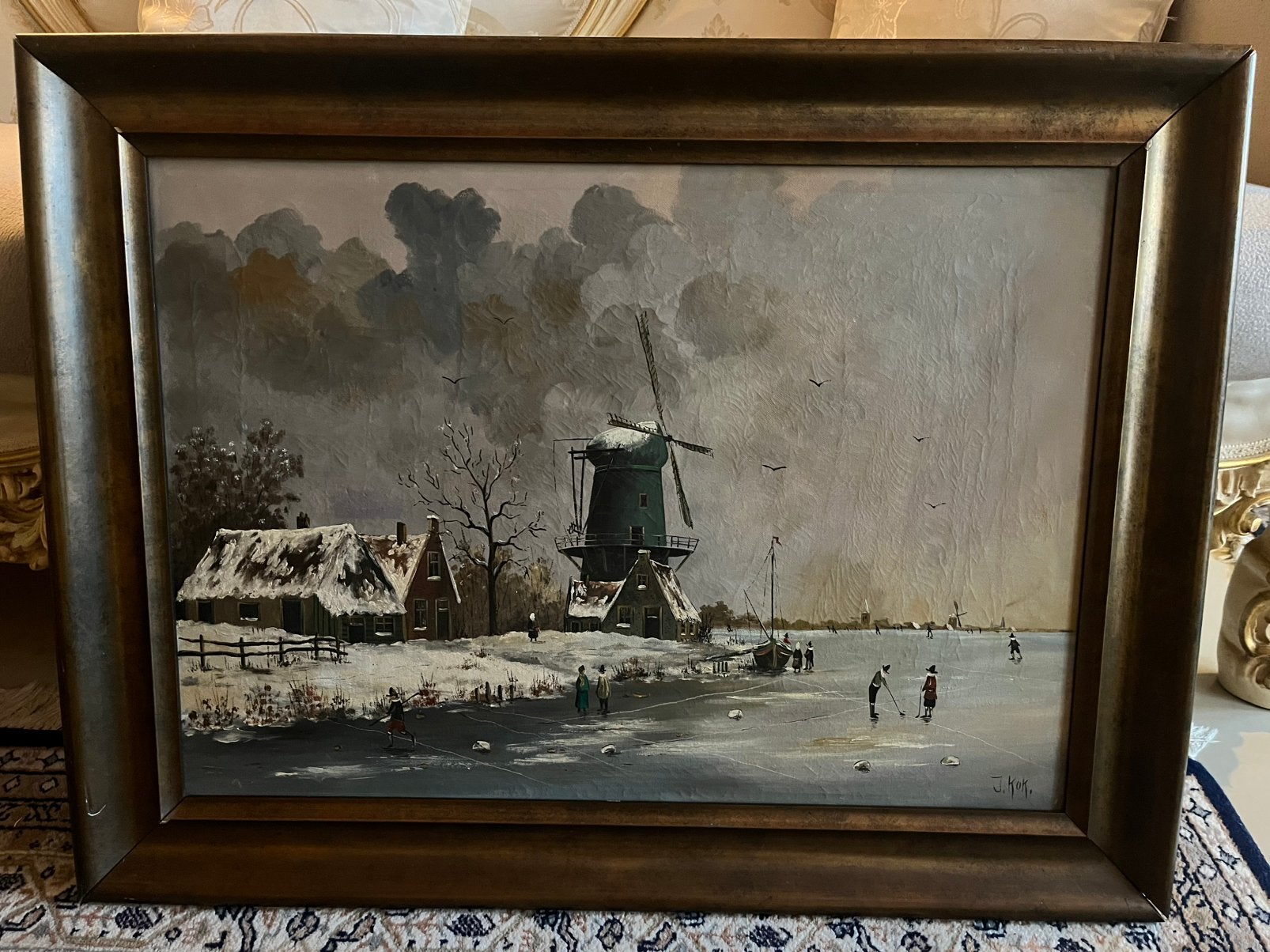 Groot oud olieverf winterlandschap schilderij, Ophalen