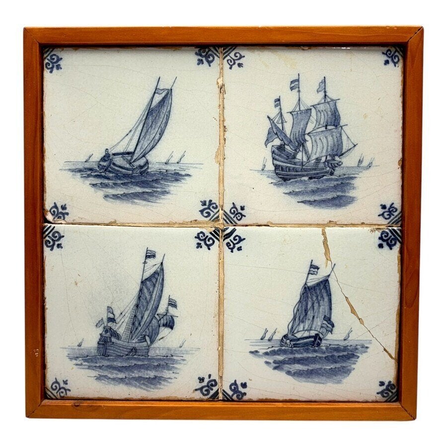 Vierpas tegeltableau, blauw-witte tegels met scheepjes, Ophalen of Verzenden