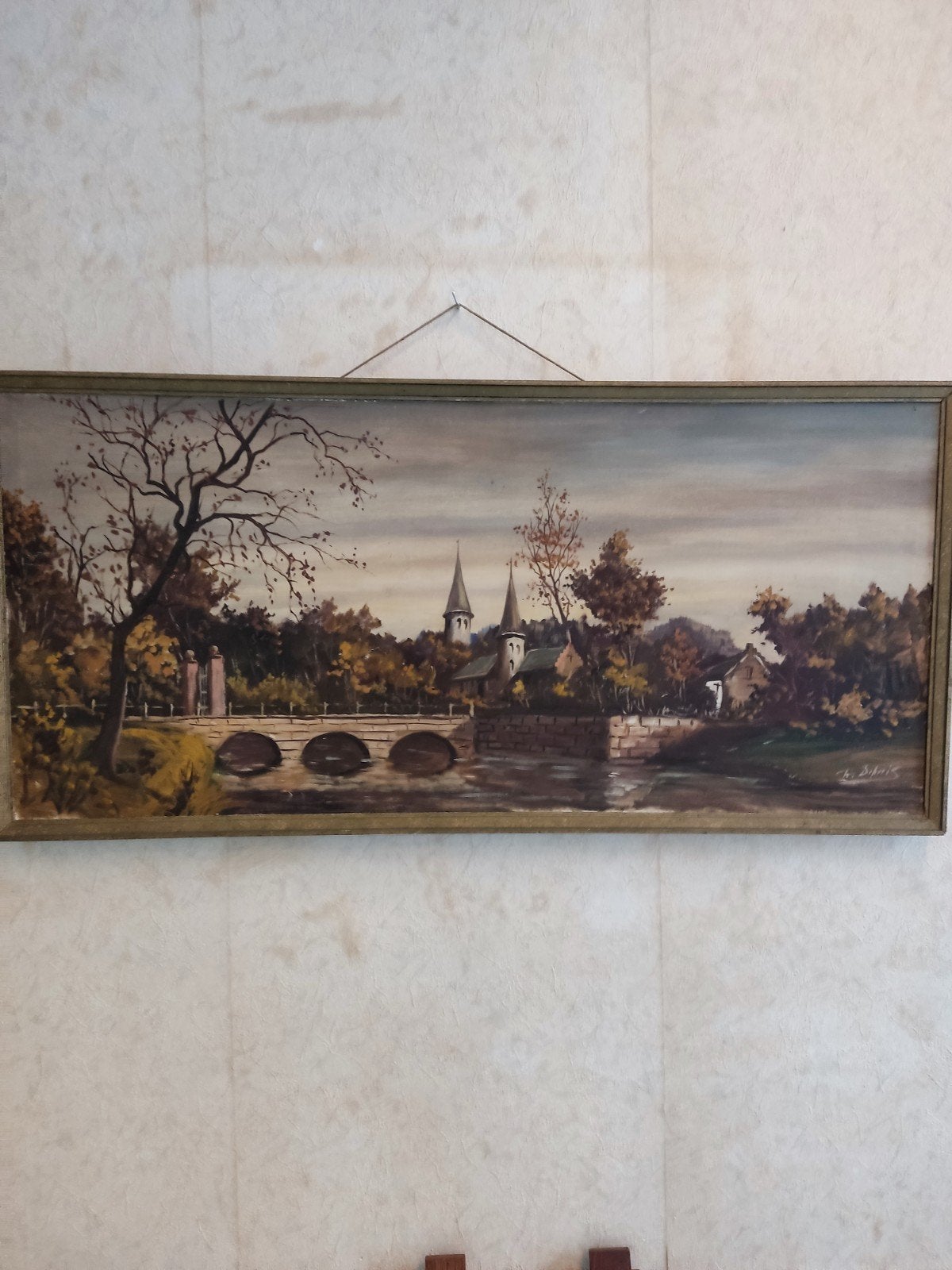 Schilderij met brug, kerk en herfstlandschap, Ophalen, Doek, Klassiek, Stads- / dorpsgezicht