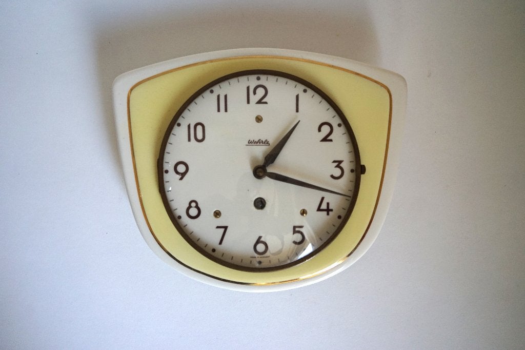 vintage klok aardewerk keramiek wehrle germany geel wit goud, Ophalen of Verzenden