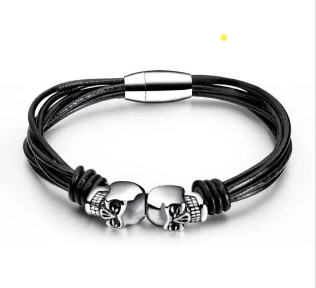Leren Armband met Doodskop Bedels, Zwart, Nieuw, Leer, Ophalen of Verzenden