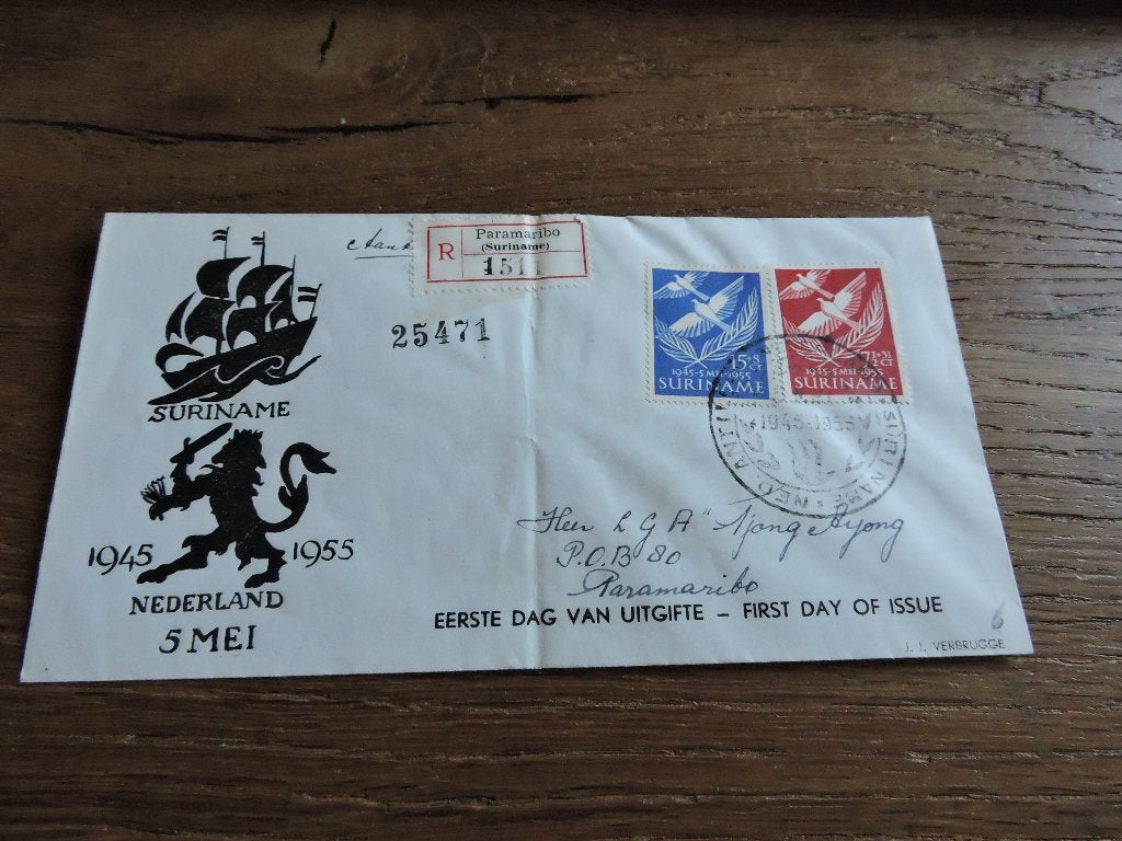 fdc koloniaal suriname   E6_1M – 5 mei 1955, Verzenden, Gestempeld