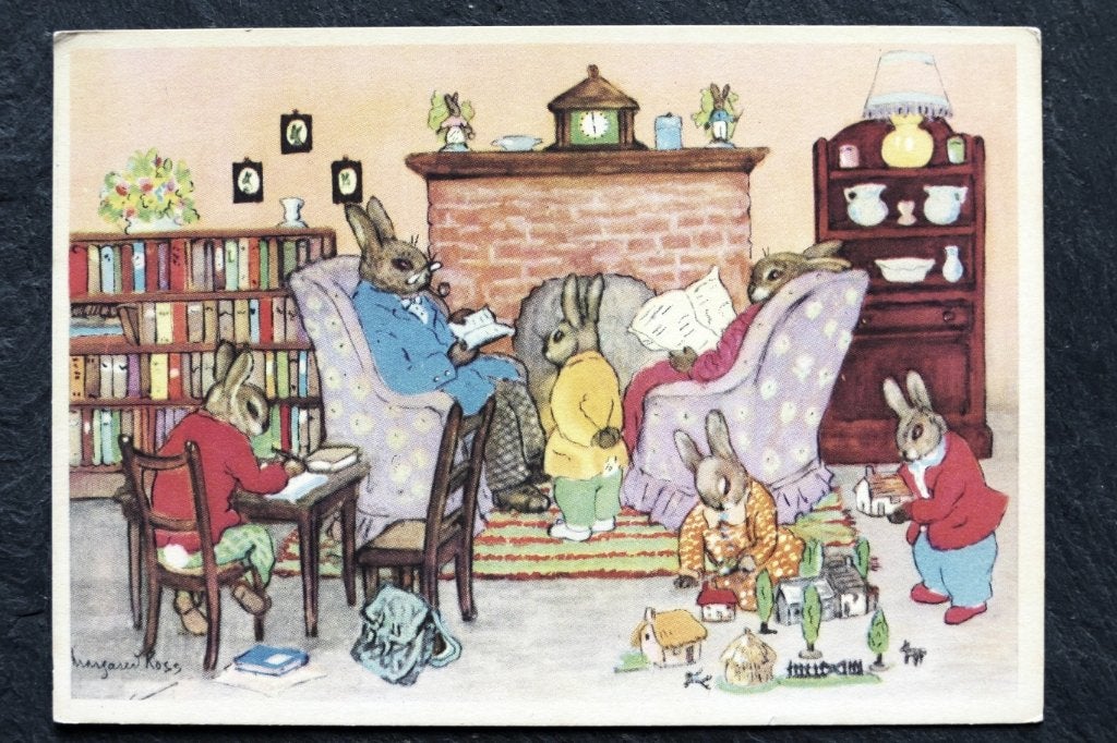 Hazenkinderen spelen en doen huiswerk, M. Ross, Verzenden, 1940 tot 1960, Ongelopen, Knaagdier