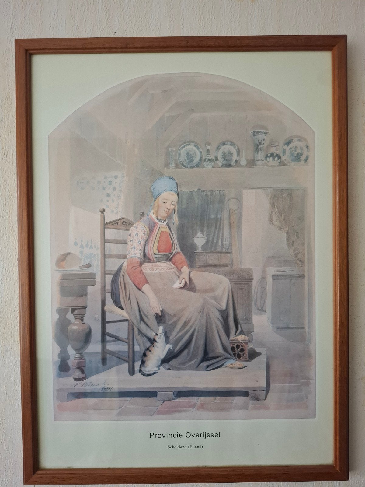 Oude prent 'Provincie Overijssel' - Vrouw met kat, Antiek en Kunst, Gedateerd, Portret of Personen, Ophalen of Verzenden, Klassiek