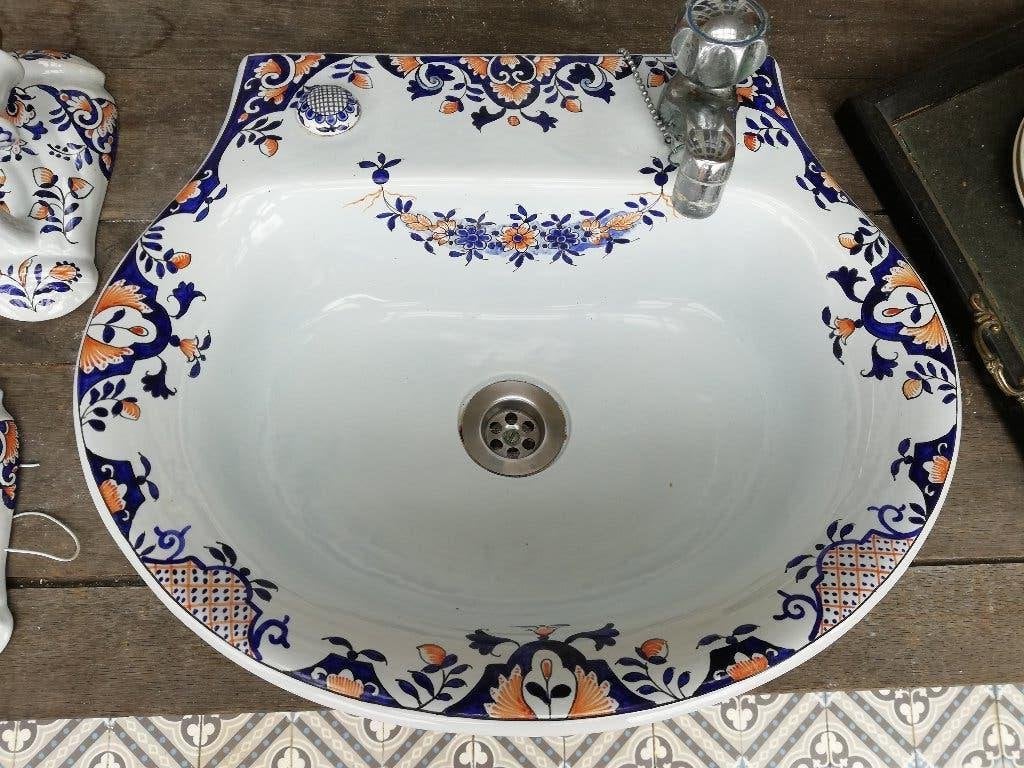 Bijzonder Frans fonteintje, handbeschilderd blauw/oranje, Ophalen