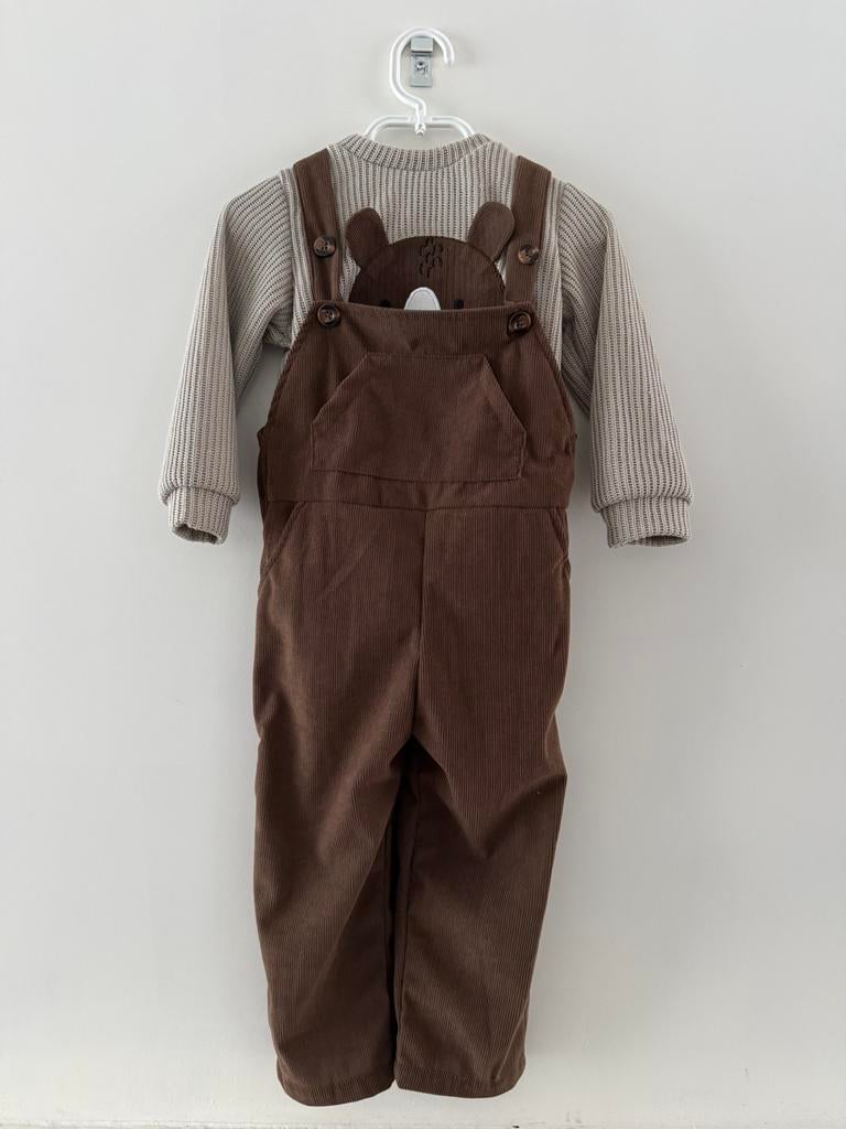 Leuke bruine tuinbroek beige beertje trui 2-delige set 74/80, Kinderen en Baby's, Babykleding | Maat 80, Ophalen of Verzenden