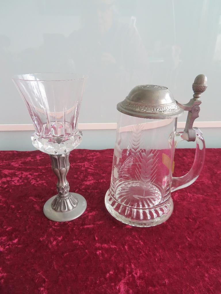 2 oude GLAZEN met TIN zie foto´s, Ophalen of Verzenden