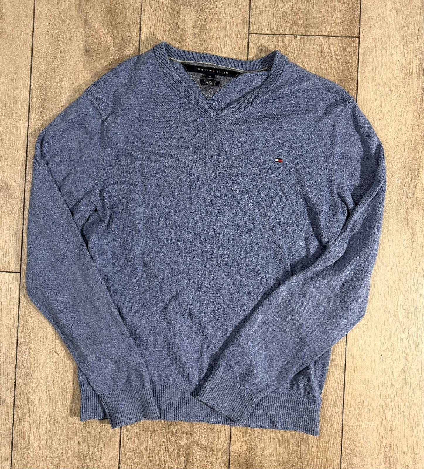 Tommy Hilfiger Trui Blauw V-Hals Logo Heren Maat M, Ophalen of Verzenden, Zo goed als nieuw, Maat 48/50 (M), Blauw