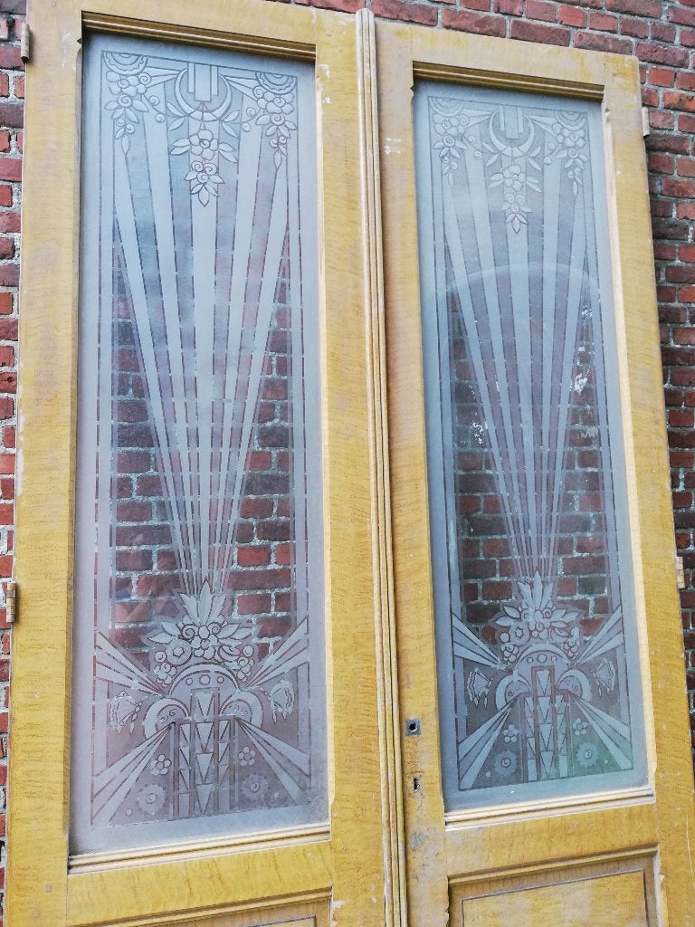 274hx148br Hoge dubbele paneeldeuren art deco ge-etst glas, Ophalen