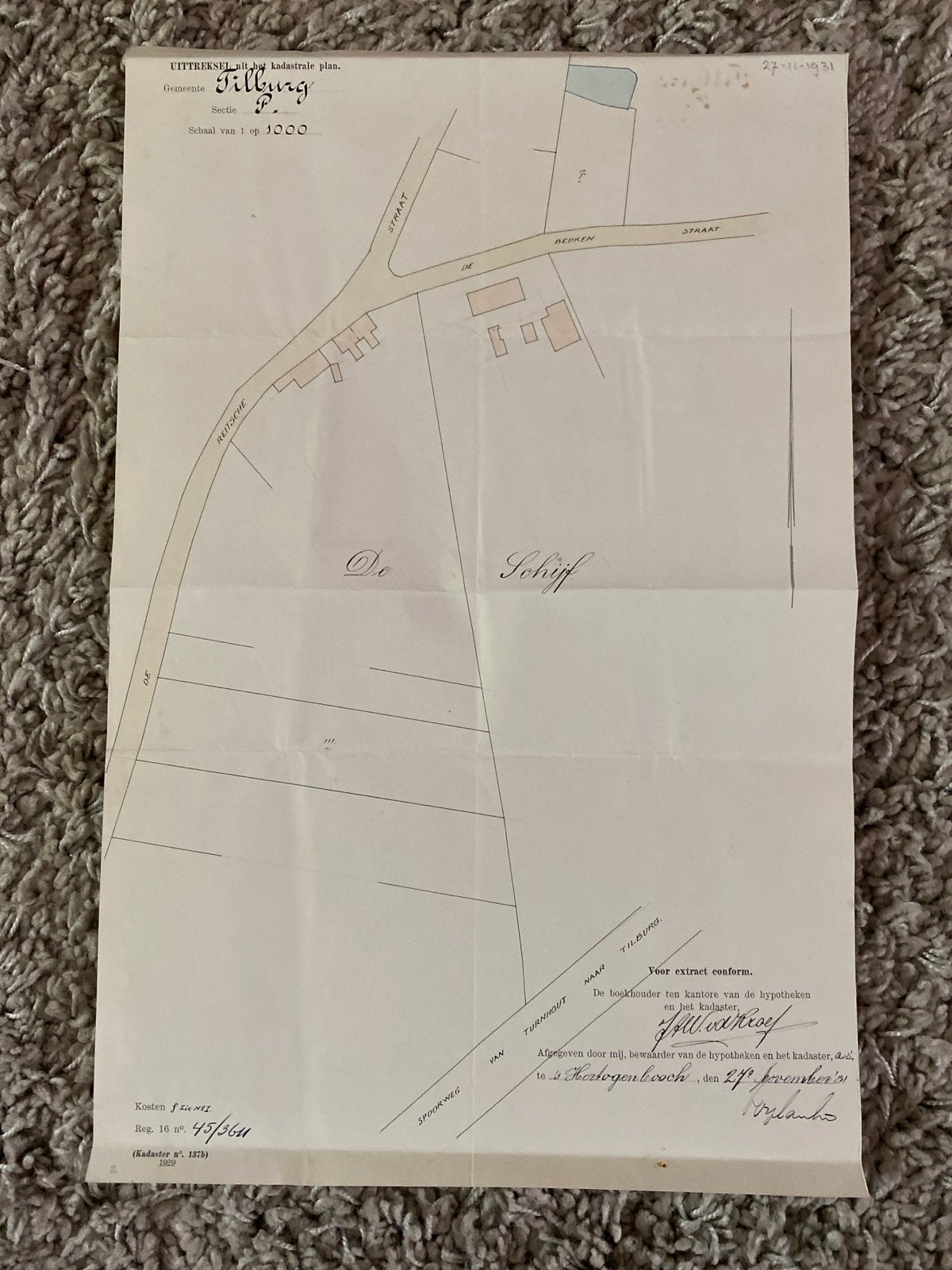 Oude Kadastrale Kaarten Tilburg - 1931, Gelezen, Ophalen of Verzenden, Landkaart, 1800 tot 2000