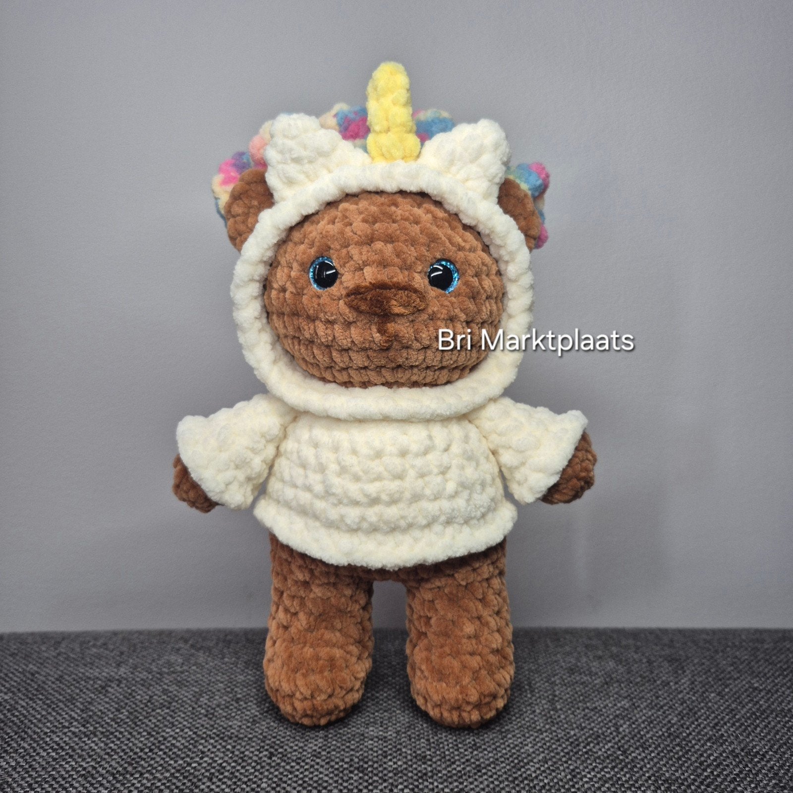 Gehaakte staande beer unicorn hoodie, verzamelen, deco, Ophalen of Verzenden, Nieuw, Haken