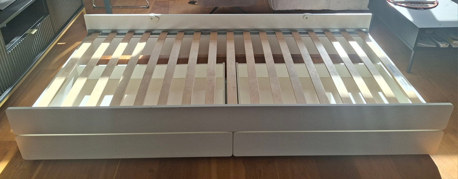 IKEA onderschuifbedframe 90x200 + 2 MALM lades + LURÖY latte, Ophalen, Gebruikt, 90 cm, Eenpersoons