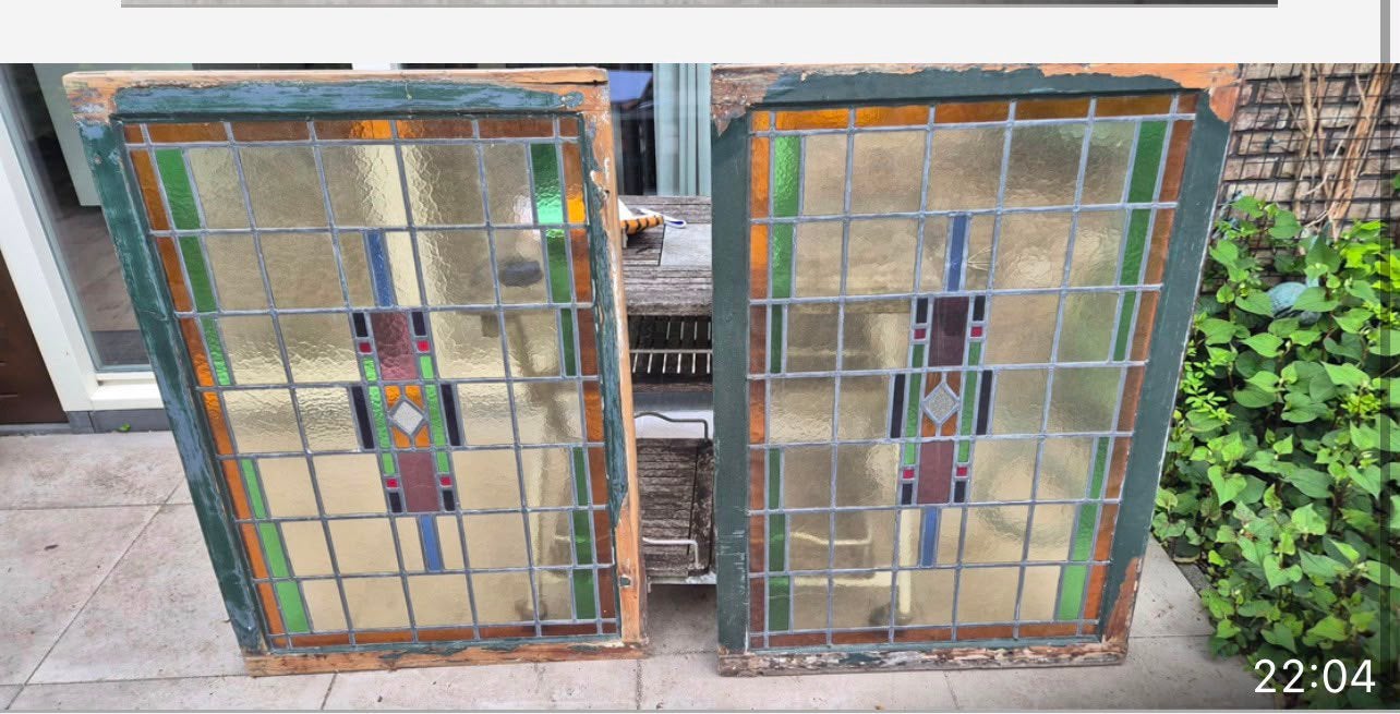 Glas in lood ramen en een deur. (9-stuks.), Antiek en Kunst, Ophalen