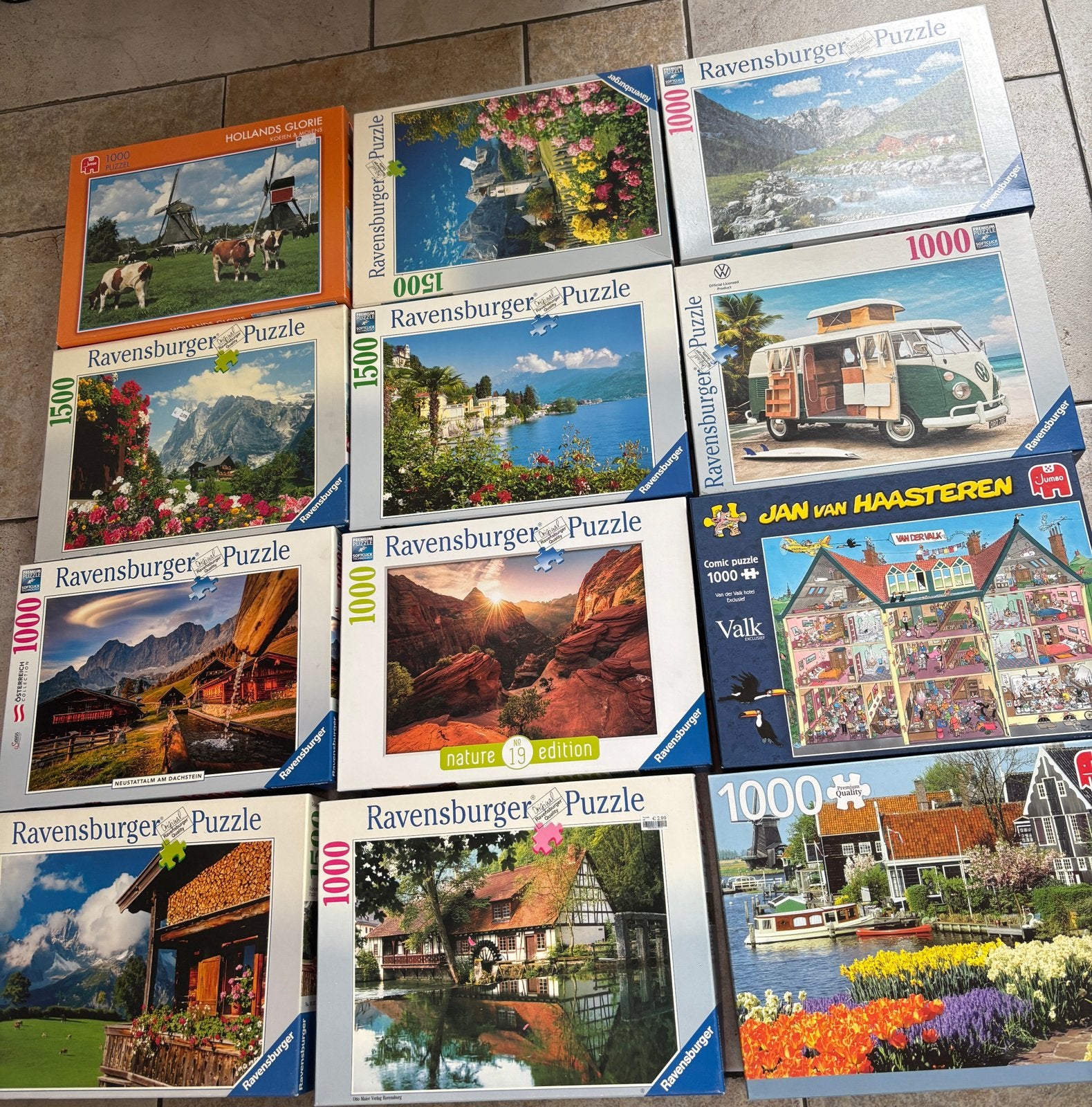 24 stuks legpuzzels (1000-1500 stukjes) compleet, Ophalen, 500 t/m 1500 stukjes, Gebruikt, Legpuzzel