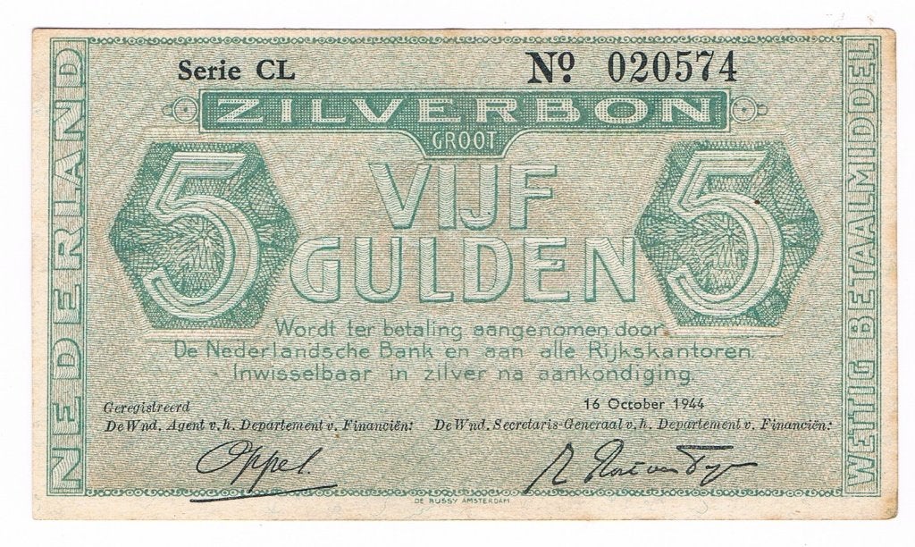 5 gulden zilverbon 16 oktober 1944, Verzenden, 5 gulden, Los biljet