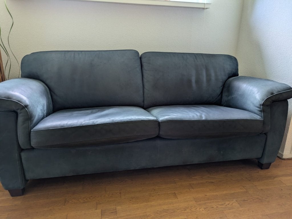 Mooie blauw, grijze leren 2,5-zits bank., Ophalen, 150 tot 200 cm, Tweepersoons, Zo goed als nieuw
